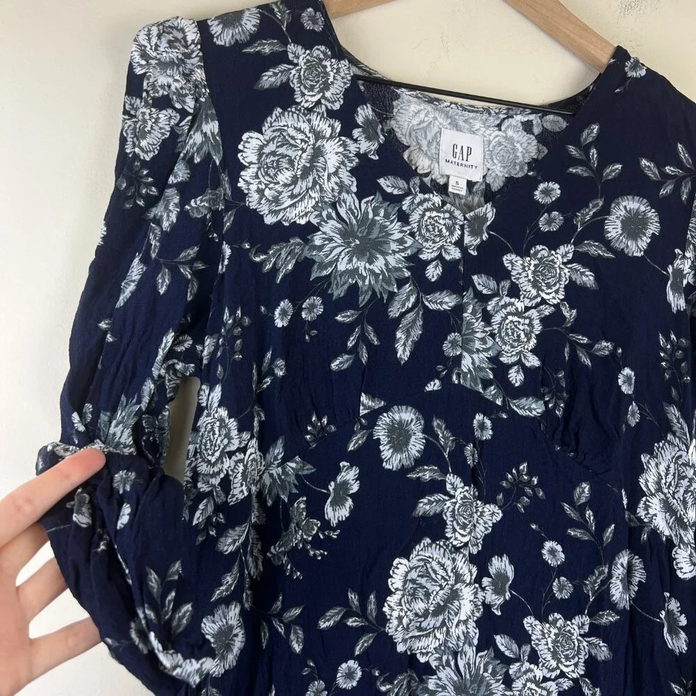 Gap Maternity Blue Floral Printed Puff Sleeve Midi Dress